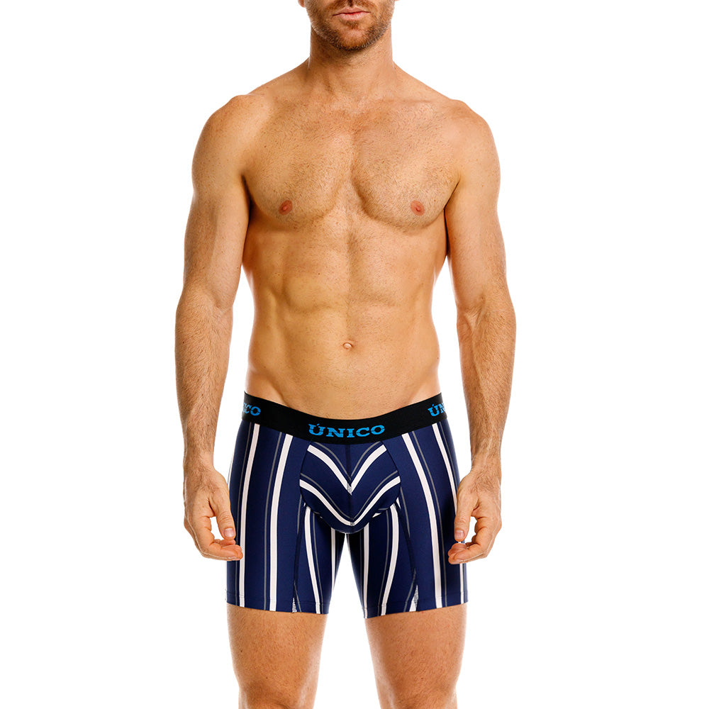 Unico Rumia Men's Mid-Length Boxer Brief - Navy & White Multi-Stripe Microfibre