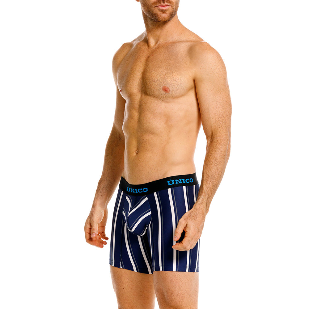 Unico Rumia Men's Mid-Length Boxer Brief - Navy & White Multi-Stripe Microfibre
