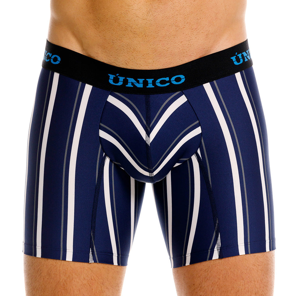 Unico Rumia Men's Mid-Length Boxer Brief - Navy & White Multi-Stripe Microfibre