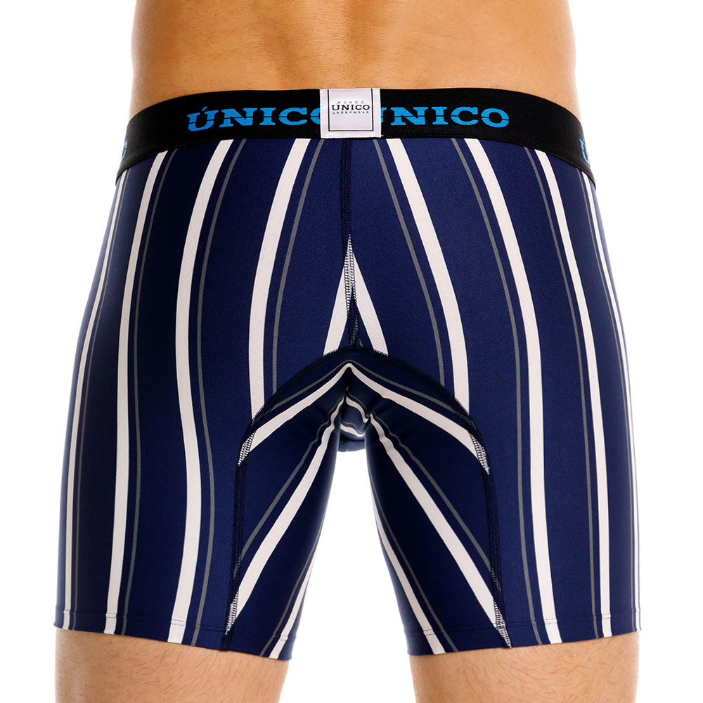 Unico Rumia Men's Mid-Length Boxer Brief - Navy & White Multi-Stripe Microfibre