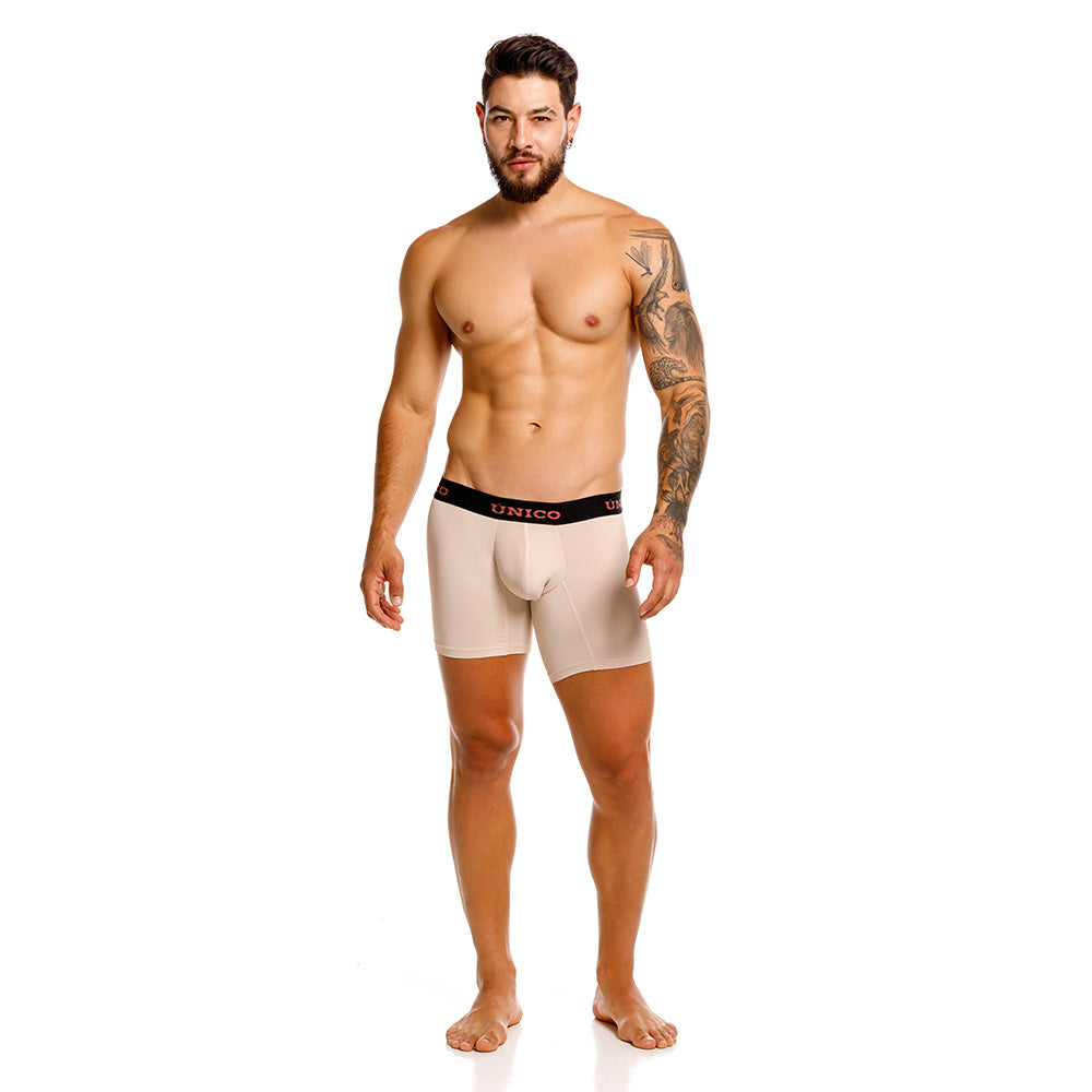 Mundo Unico Arrayan Men's Mid-Length Boxer Briefs – Beige Microfiber Underwear with Pouch Support