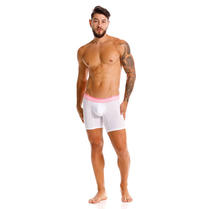 Mundo Unico Men's Colorado Mid-Length Boxer Briefs - White Microfiber with Fuchsia Details