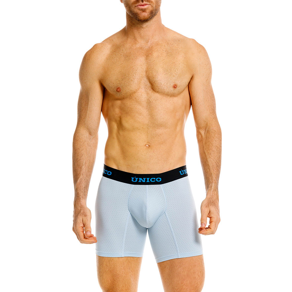 Mundo Unico Moka Men's Mid-Length Boxer Briefs – Light Blue Microperforated Underwear with Pouch Support