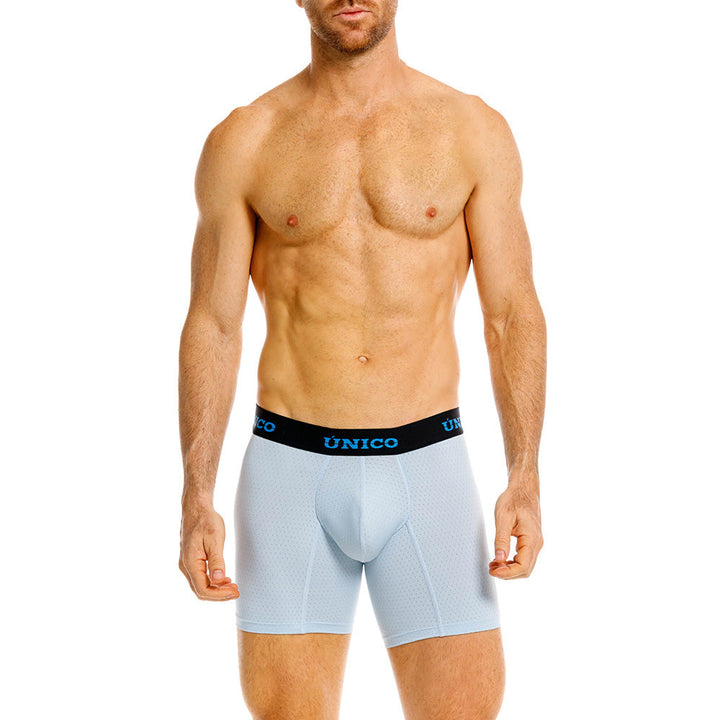 Mundo Unico Moka Men's Mid-Length Boxer Briefs – Light Blue Microperforated Underwear with Pouch Support