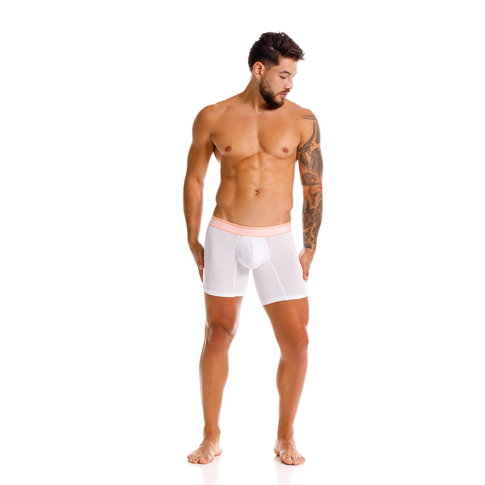 Mundo Unico Men's Pomelo Mid-Length Boxer Briefs - White Pima Cotton with Neon Orange Accents