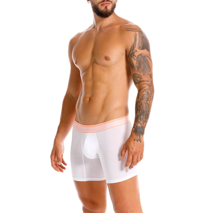 Mundo Unico Men's Pomelo Mid-Length Boxer Briefs - White Pima Cotton with Neon Orange Accents