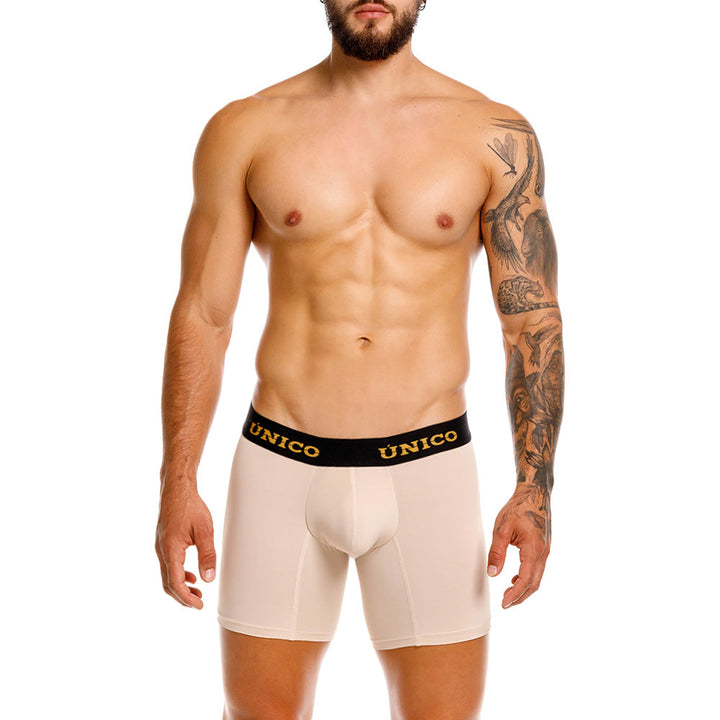 Mundo Unico Queretaro Men's Mid-Length Boxer Briefs – Beige Microfiber Underwear with Pouch Support