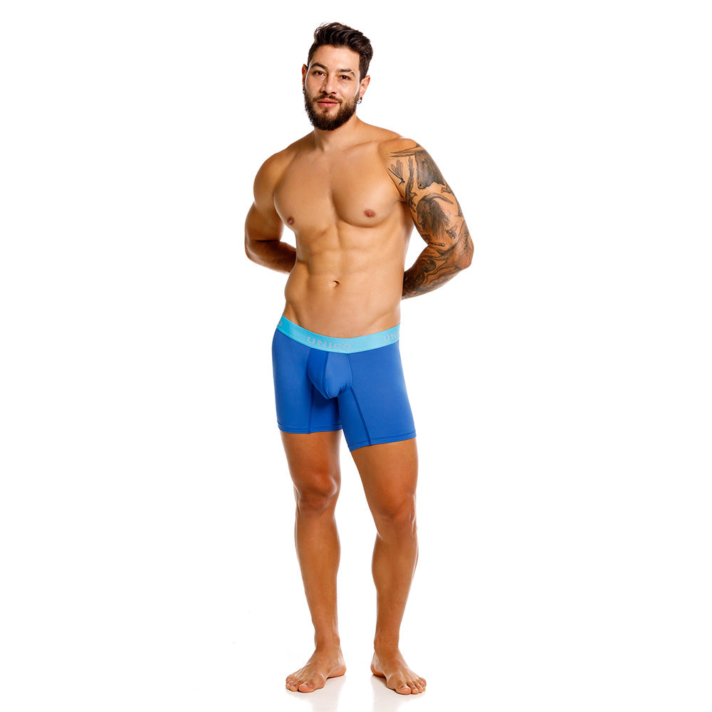 Mundo Unico Reyes Men's Mid-Length Boxer Briefs – Blue Microfiber Underwear with Pouch Support