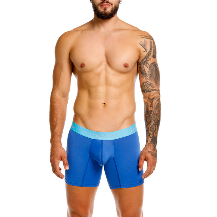 Mundo Unico Reyes Men's Mid-Length Boxer Briefs – Blue Microfiber Underwear with Pouch Support