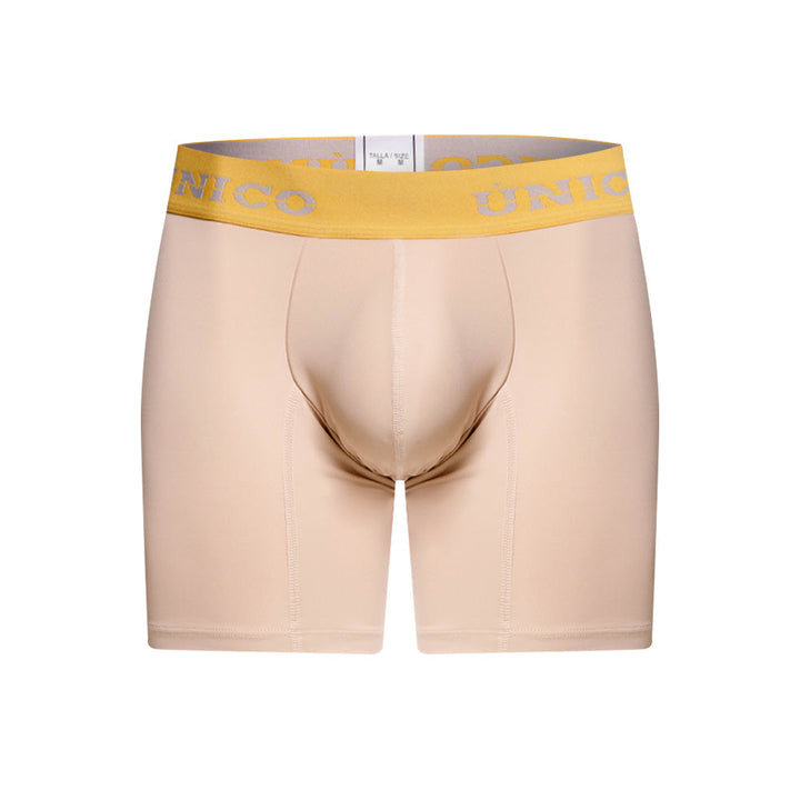 Unico Tuxtla Men's Mid-Length Boxer Brief - Sand Microfibre with Yellow Trim