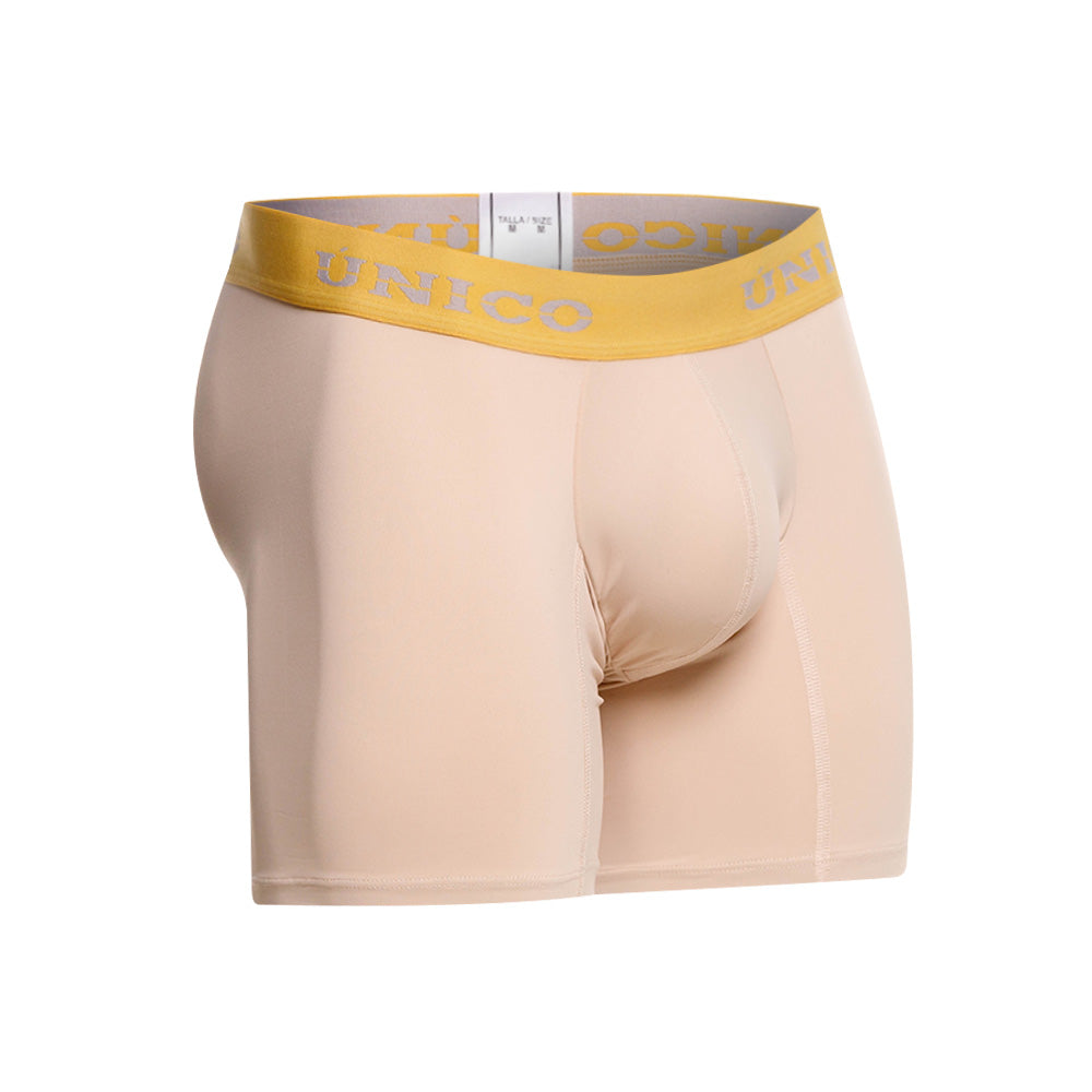 Unico Tuxtla Men's Mid-Length Boxer Brief - Sand Microfibre with Yellow Trim