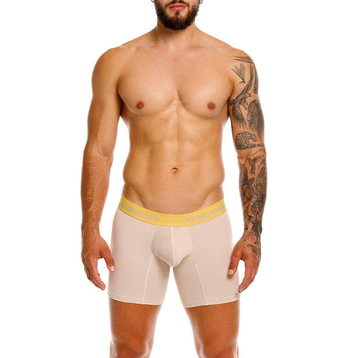 Unico Tuxtla Men's Mid-Length Boxer Brief - Sand Microfibre with Yellow Trim