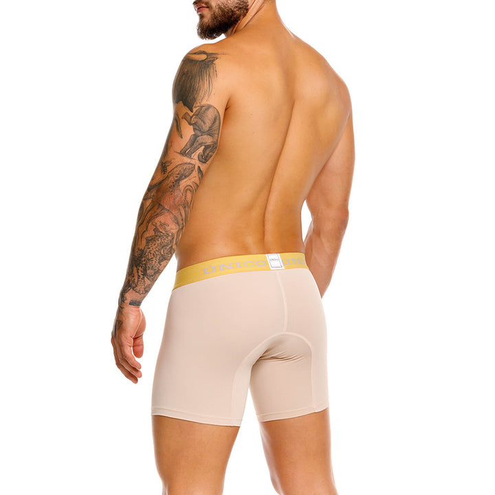 Unico Tuxtla Men's Mid-Length Boxer Brief - Sand Microfibre with Yellow Trim