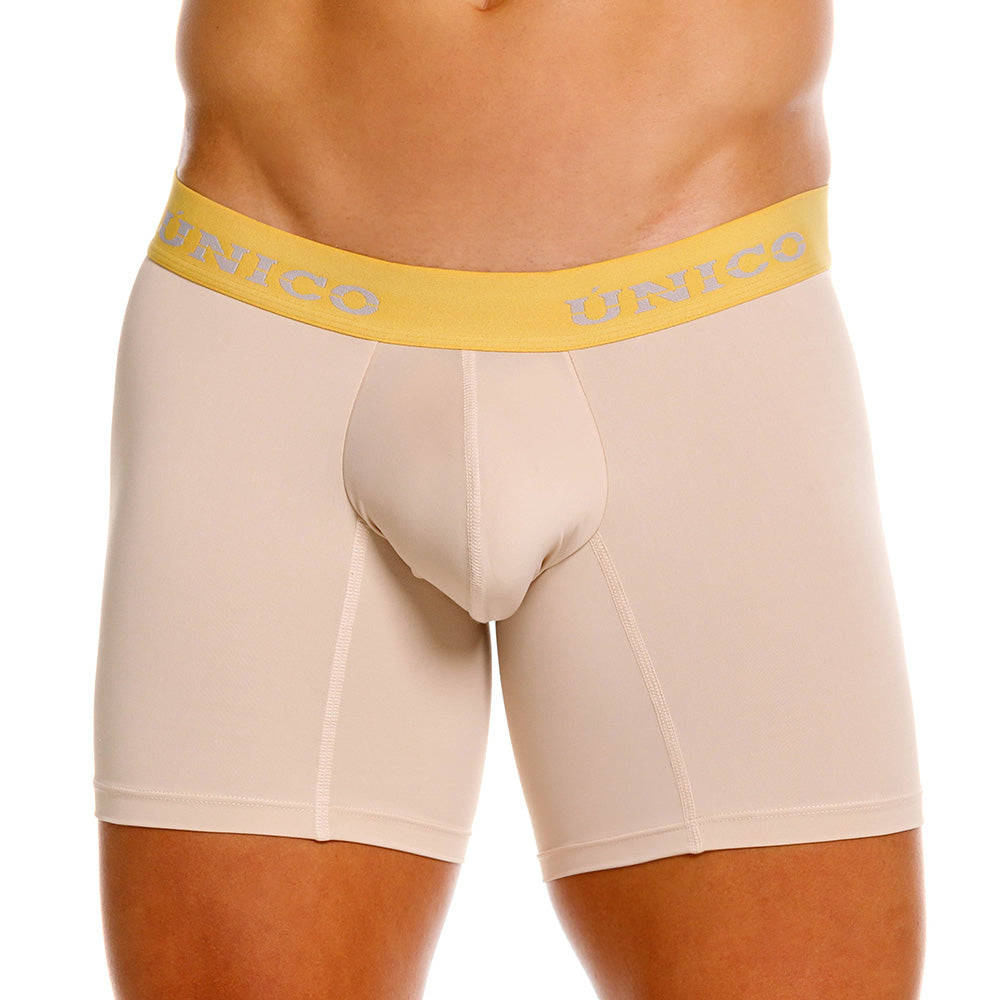 Unico Tuxtla Men's Mid-Length Boxer Brief - Sand Microfibre with Yellow Trim