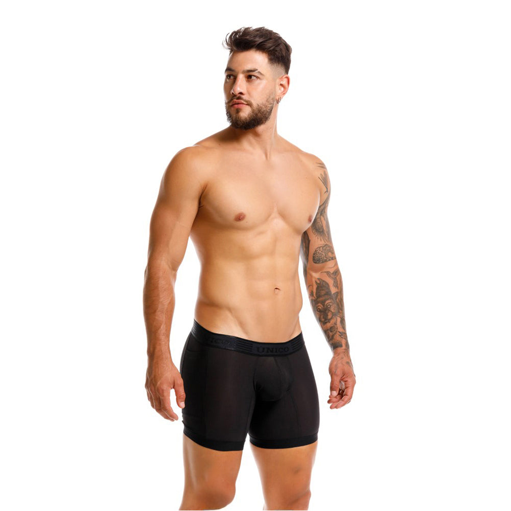 Mundo Unico Vital Men's Sport Mid-Length Boxer Briefs – Black Microfiber Athletic Underwear with Side Pocket
