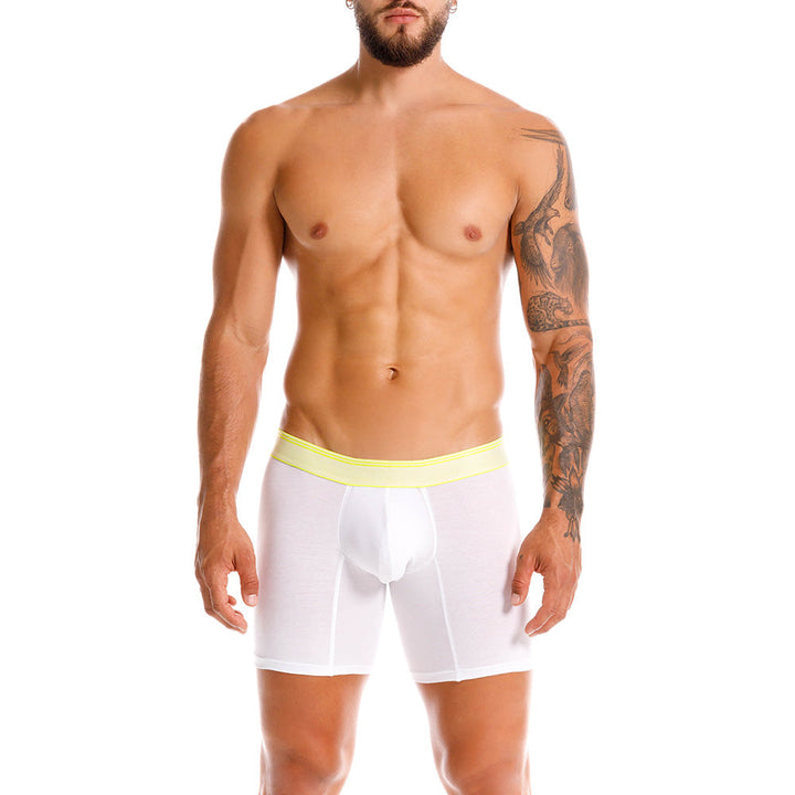 Mundo Unico Men's Pima Cotton Mid-Length Boxer Briefs - Yaca White with Neon Details