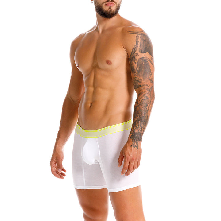 Mundo Unico Men's Pima Cotton Mid-Length Boxer Briefs - Yaca White with Neon Details
