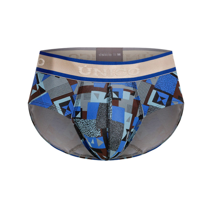 Mundo Unico Men's Central Boxer Briefs - Blue Geometric Print Cotton with Gray Contoured Elastic