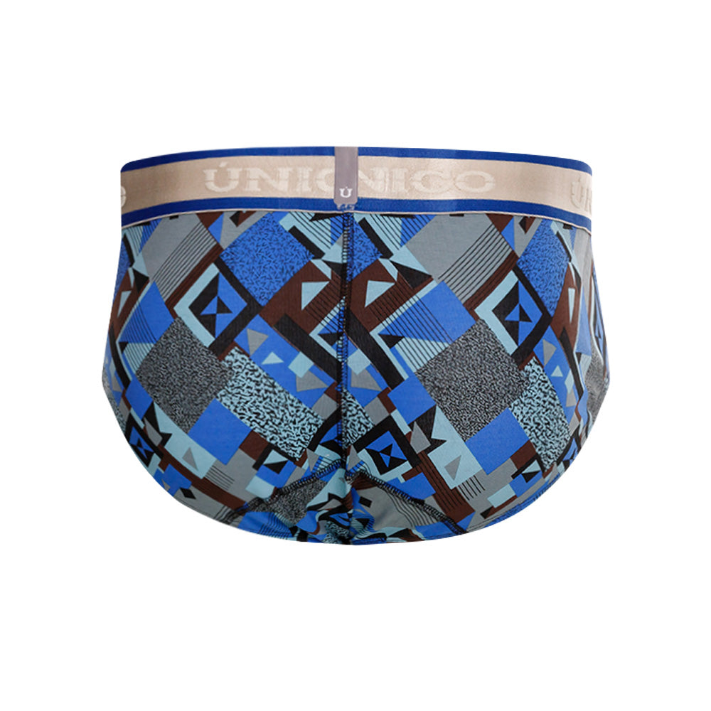 Mundo Unico Men's Central Boxer Briefs - Blue Geometric Print Cotton with Gray Contoured Elastic