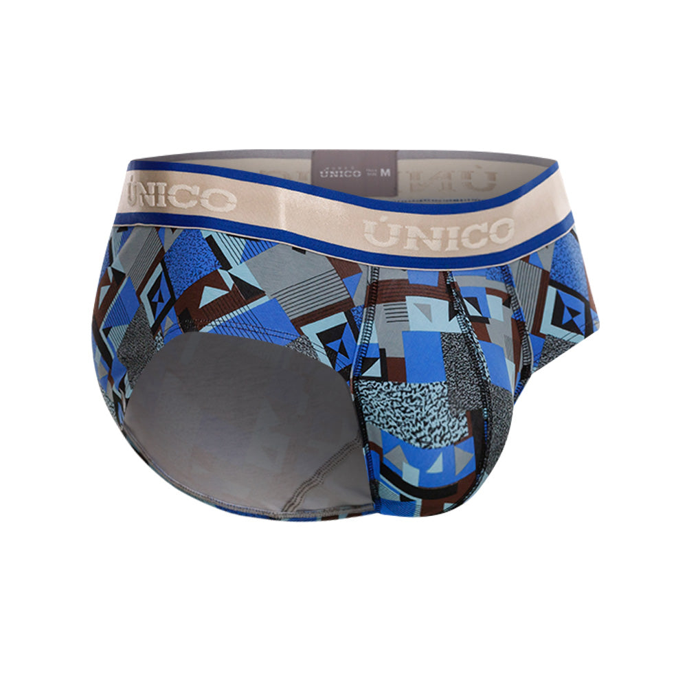 Mundo Unico Men's Central Boxer Briefs - Blue Geometric Print Cotton with Gray Contoured Elastic