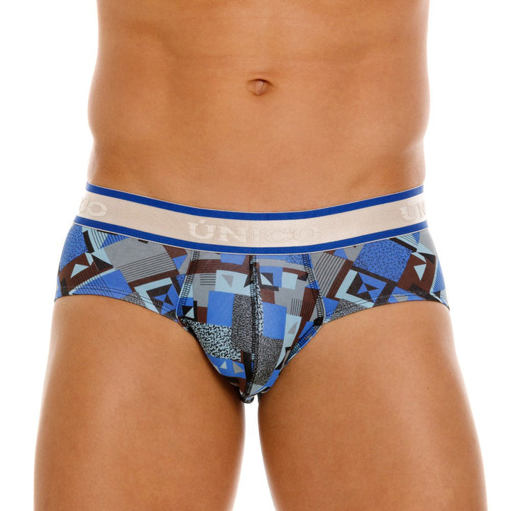 Mundo Unico Men's Central Boxer Briefs - Blue Geometric Print Cotton with Gray Contoured Elastic