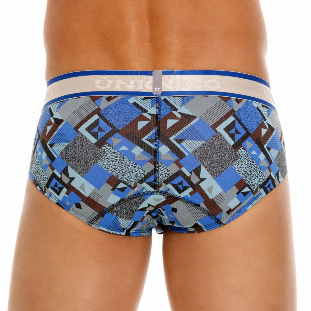 Mundo Unico Men's Central Boxer Briefs - Blue Geometric Print Cotton with Gray Contoured Elastic