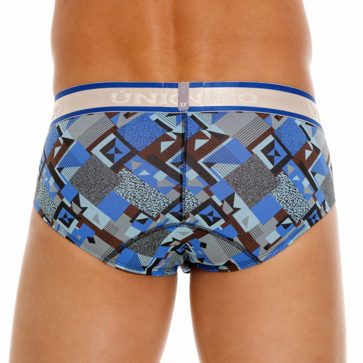 Mundo Unico Men's Central Boxer Briefs - Blue Geometric Print Cotton with Gray Contoured Elastic