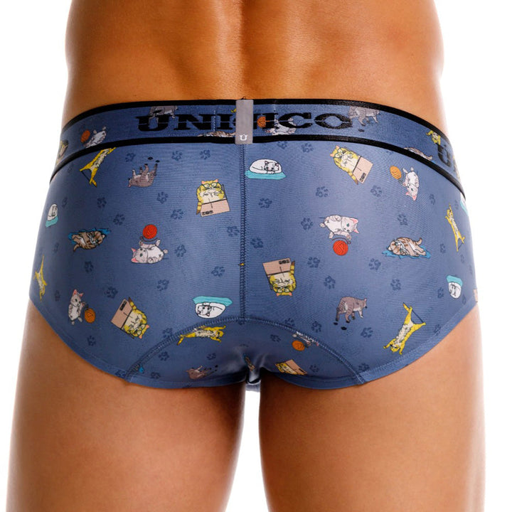 Mundo Unico Men’s Boxer Brief Micho Azul - Microfiber Boxer Briefs with Cat Print & Support Pouch