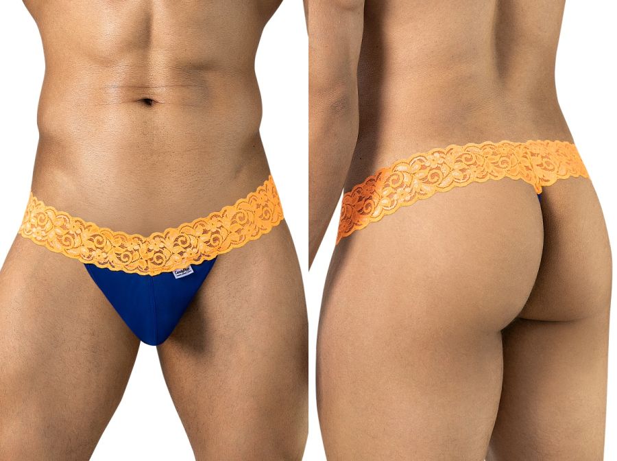 CandyMan Seductive Lace Men's Thong in Blue/Hot Orange – men's thongs Handmade in Colombia