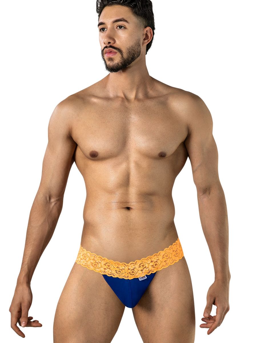 CandyMan Seductive Lace Men's Thong in Blue/Hot Orange – men's thongs Handmade in Colombia