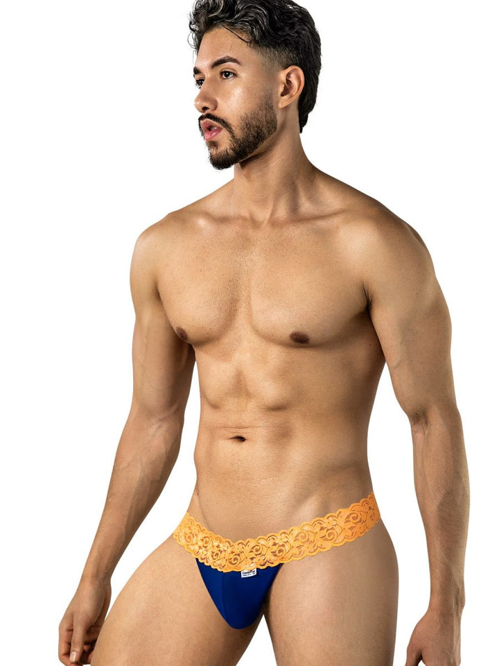 CandyMan Seductive Lace Men's Thong in Blue/Hot Orange – men's thongs Handmade in Colombia