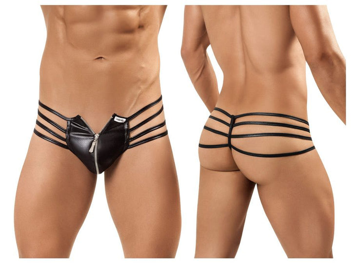 CandyMan 99140 men's black zipper thong – faux-leather microfiber minimal coverage underwear