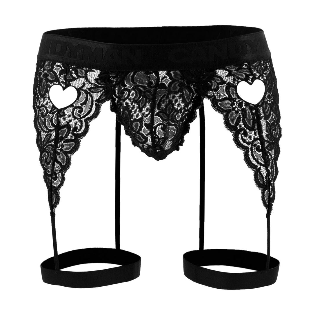 CandyMan men's black 99310 lace thong – garter-style heart cut-out underwear