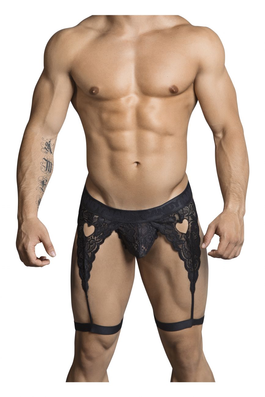 CandyMan men's black 99310 lace thong – garter-style heart cut-out underwear