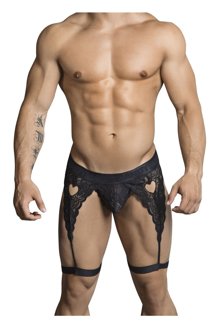 CandyMan men's black 99310 lace thong – garter-style heart cut-out underwear