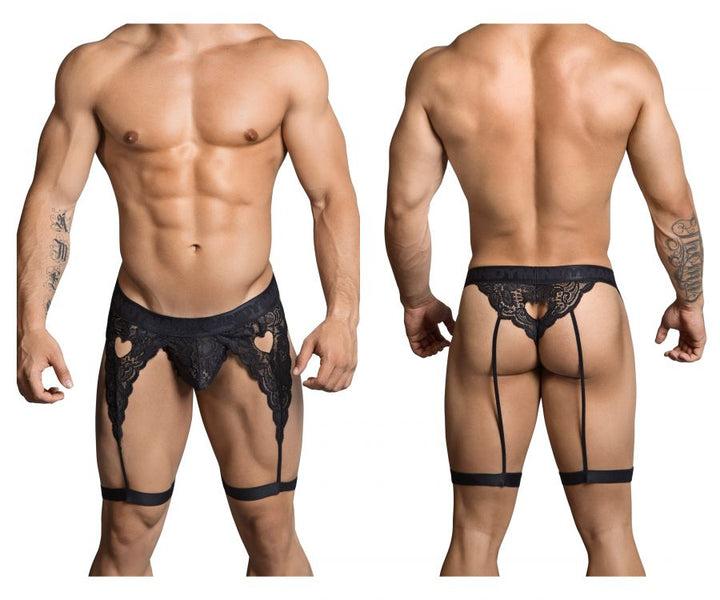 CandyMan men's black 99310 lace thong – garter-style heart cut-out underwear