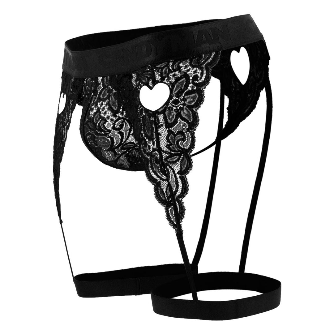 CandyMan men's black 99310 lace thong – garter-style heart cut-out underwear