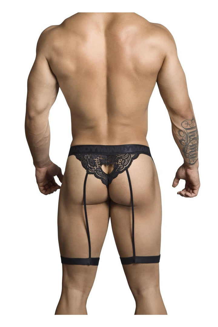 CandyMan men's black 99310 lace thong – garter-style heart cut-out underwear