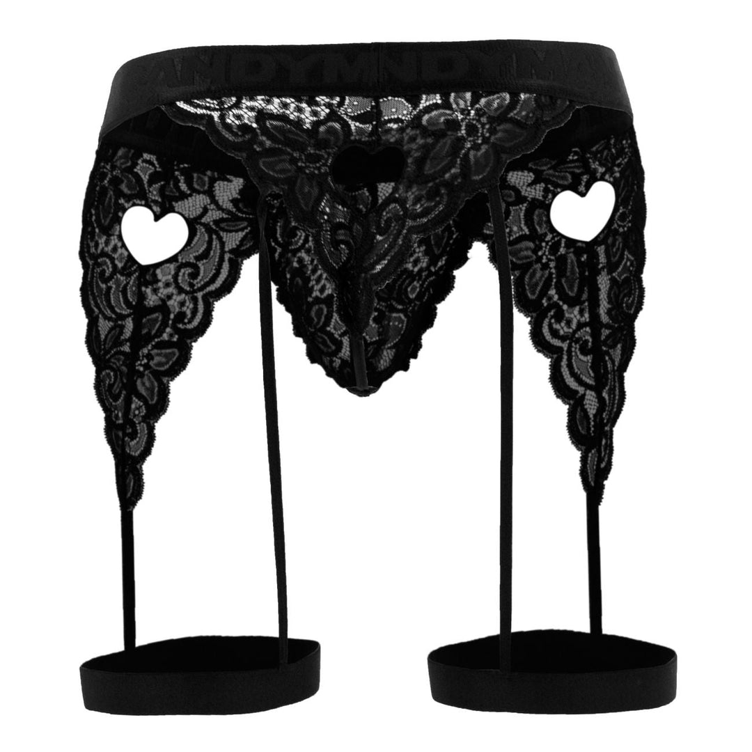 CandyMan men's black 99310 lace thong – garter-style heart cut-out underwear
