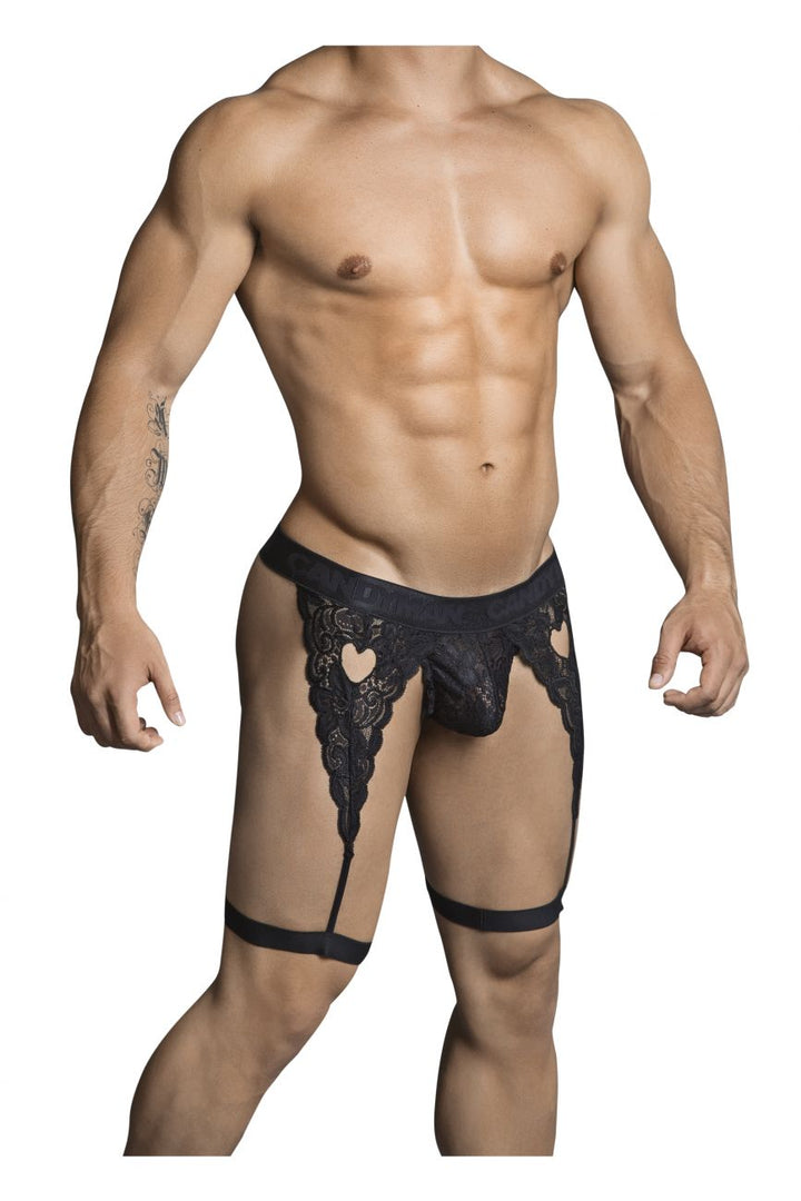 CandyMan men's black 99310 lace thong – garter-style heart cut-out underwear