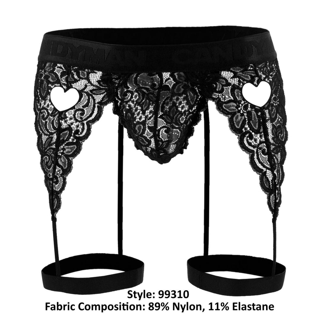 CandyMan men's black 99310 lace thong – garter-style heart cut-out underwear