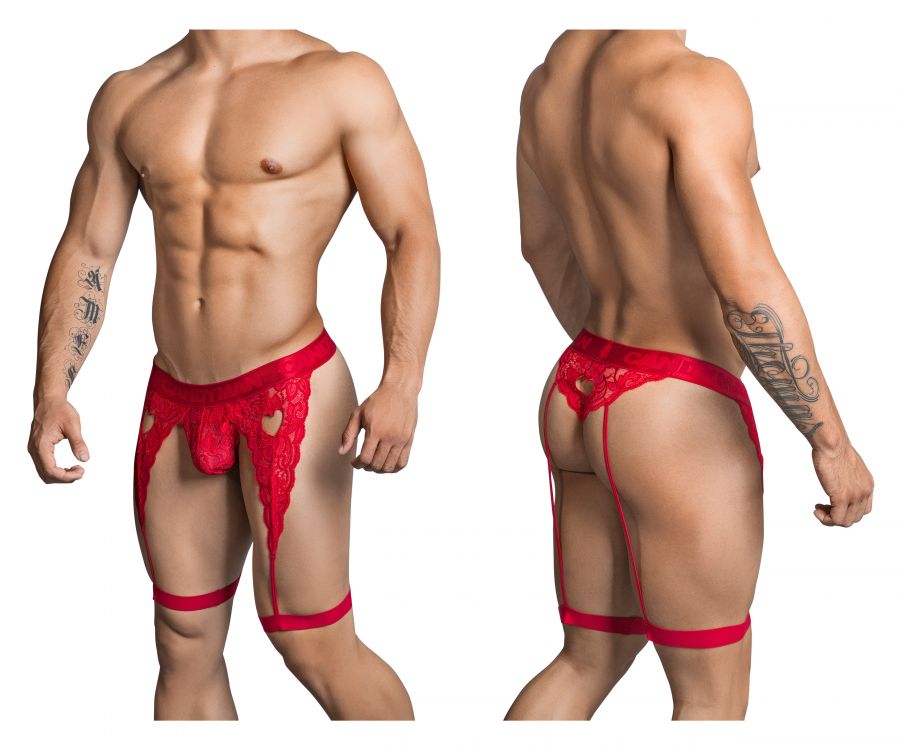 CandyMan 99310 men's red lace thong – garter-style heart cut-out minimal coverage underwear