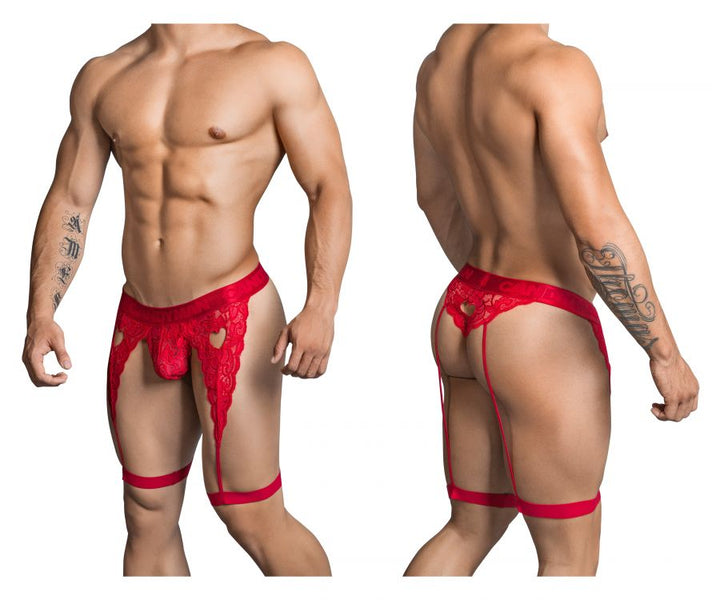 CandyMan 99310 men's red lace thong – garter-style heart cut-out minimal coverage underwear