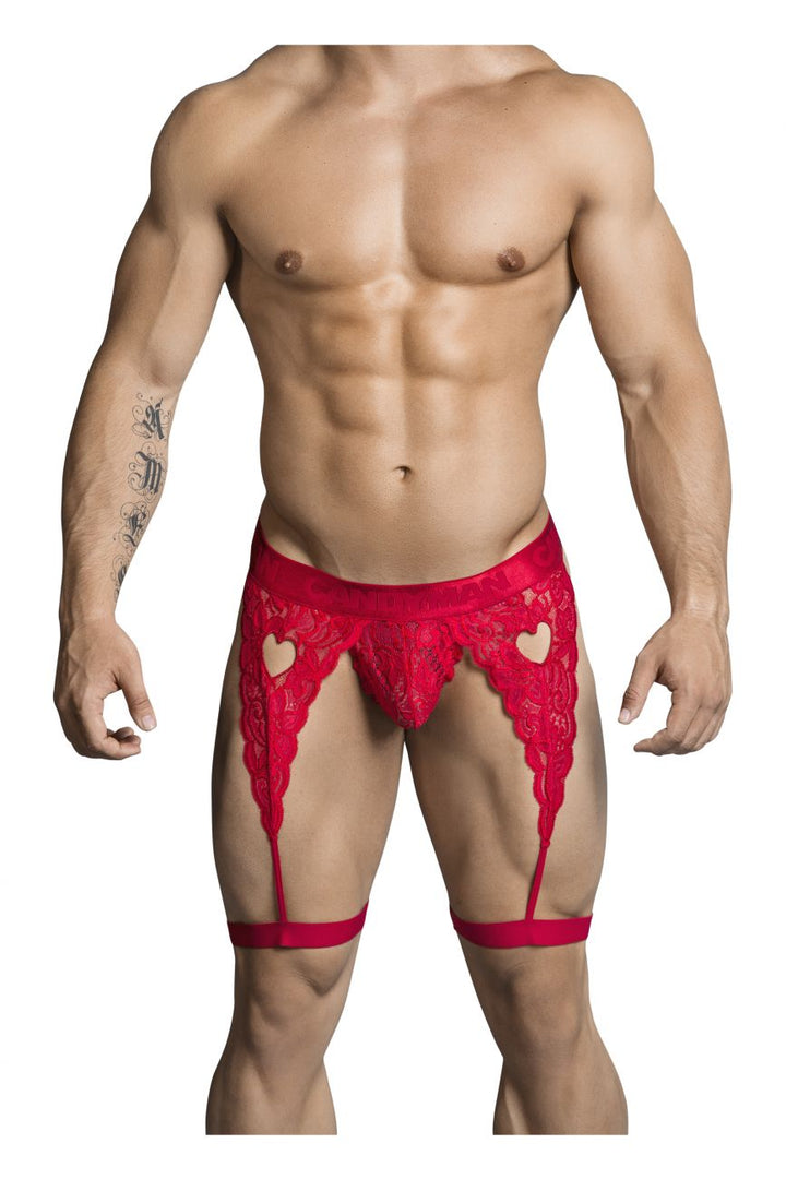 CandyMan 99310 men's red lace thong – garter-style heart cut-out minimal coverage underwear
