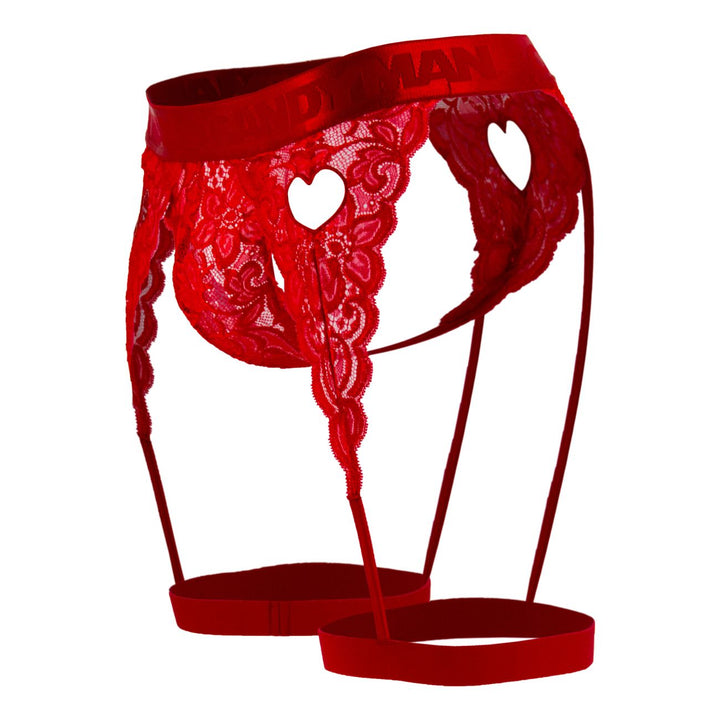 CandyMan 99310 men's red lace thong – garter-style heart cut-out minimal coverage underwear