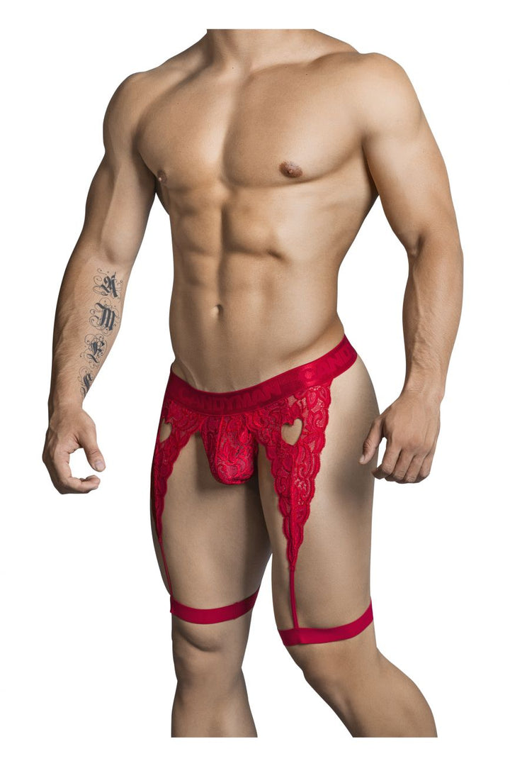 CandyMan 99310 men's red lace thong – garter-style heart cut-out minimal coverage underwear