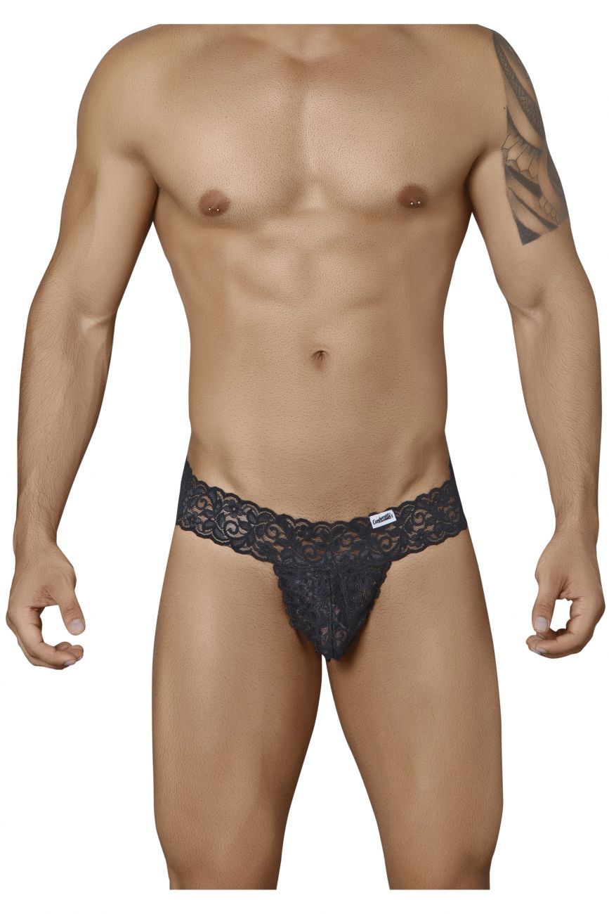 CandyMan men's black 99315 Peek-a-Boo lace thong – low-rise minimal coverage underwear