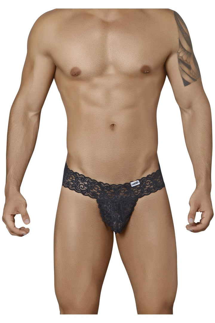 CandyMan men's black 99315 Peek-a-Boo lace thong – low-rise minimal coverage underwear