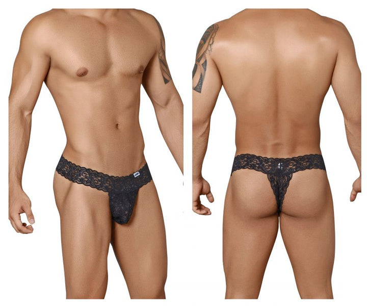 CandyMan men's black 99315 Peek-a-Boo lace thong – low-rise minimal coverage underwear