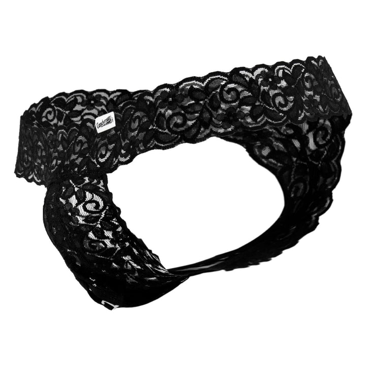 CandyMan men's black 99315 Peek-a-Boo lace thong – low-rise minimal coverage underwear